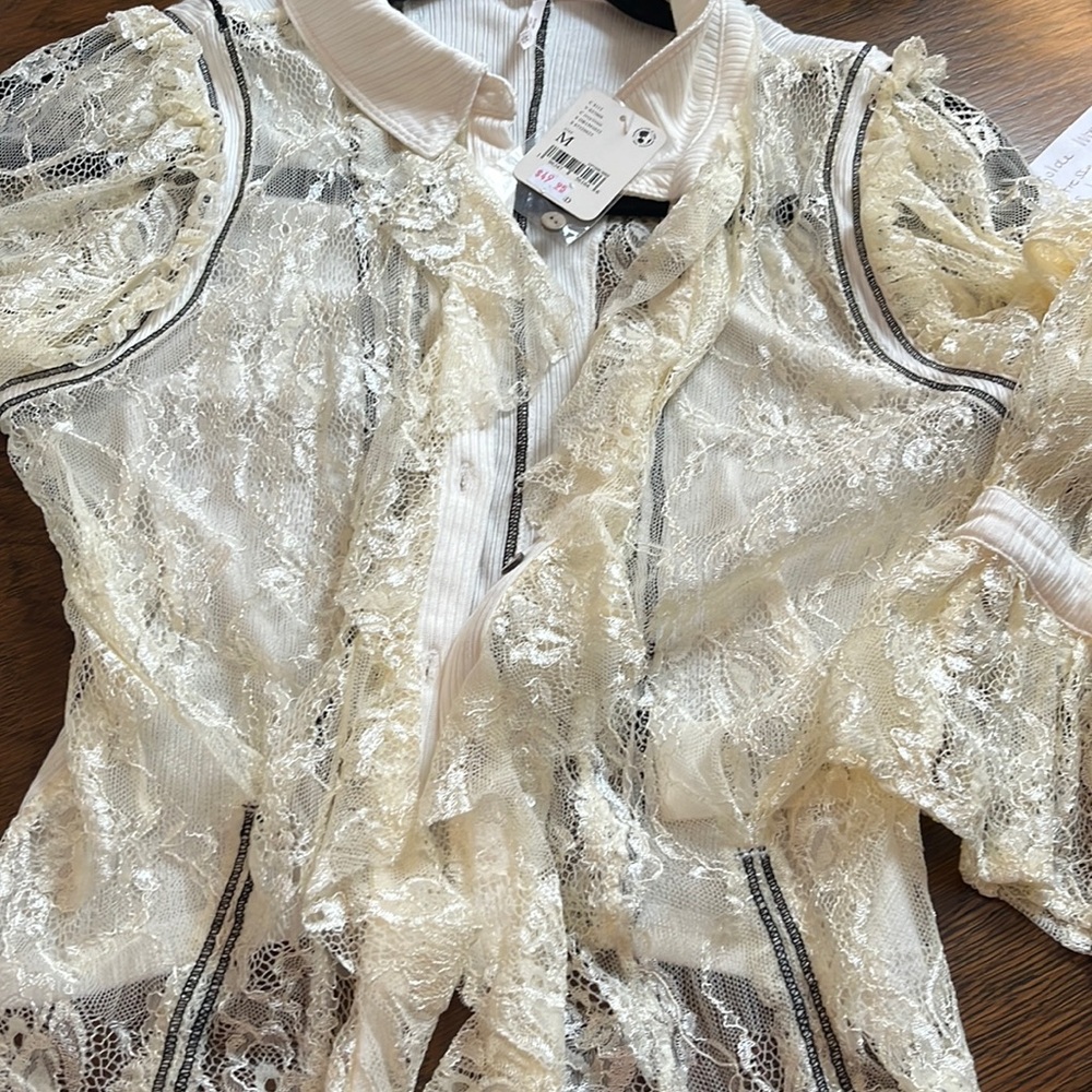 Free People Ivory lace button down long sleeve shirt